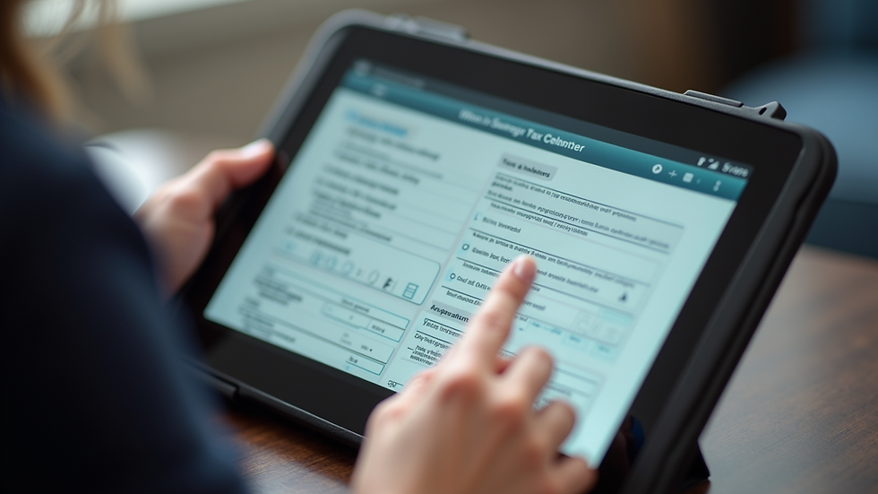 Close-up view of a person using a tablet to complete an online tax form