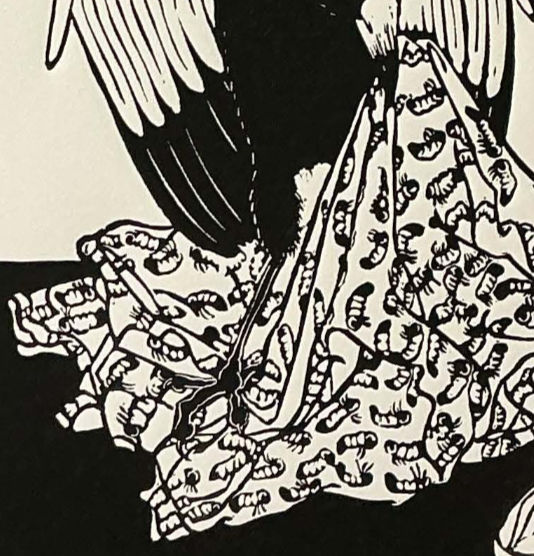 Detail of the black and white Grub Magpie print showing the birds beak pulling the material into a peak and the clawed foot holding the material to the floor.