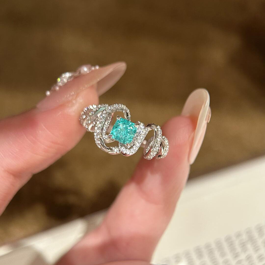 High quality and fresh full diamonds spiral winding croissant Paraiba rings for