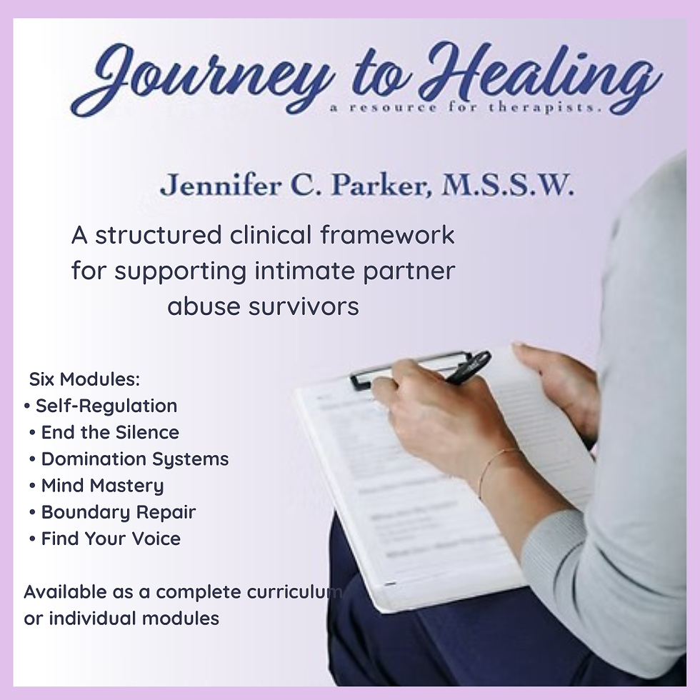 Pastel poster for Journey to Healing by Jennifer C. Parker, a framework for intimate partner abuse survivors; person writes on clipboard.