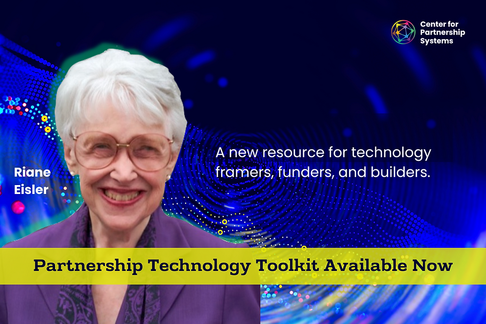 Smiling older woman with white hair, purple jacket. Text: "A new resource for technology framers, funders, and builders." Background: abstract blue patterns.