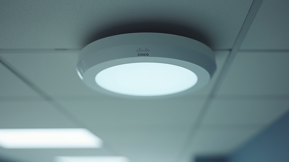 Close-up view of a Cisco Wi-Fi access point mounted on a ceiling