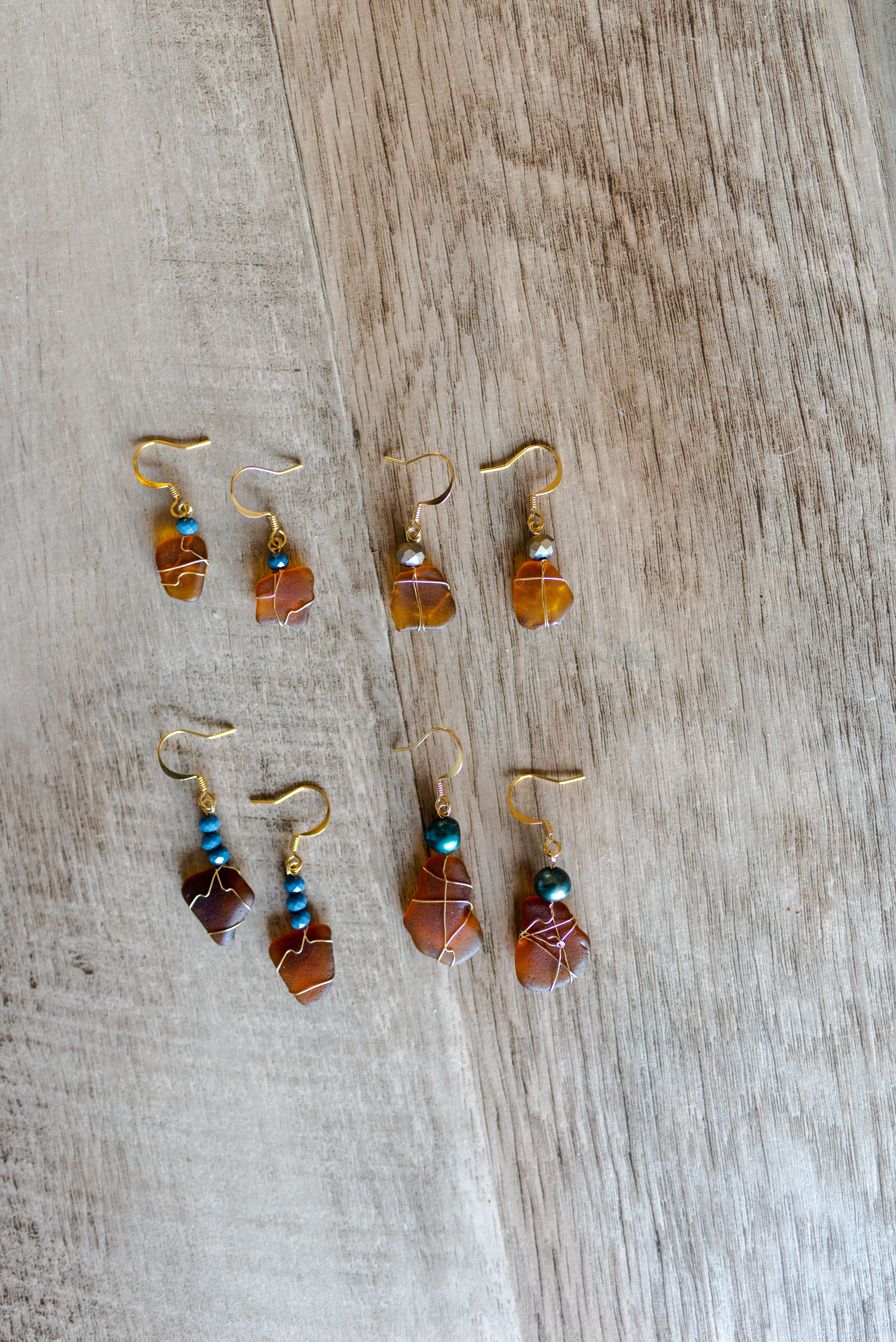 Brown Seaglass Earrings; Gold Plate Hoops and wire