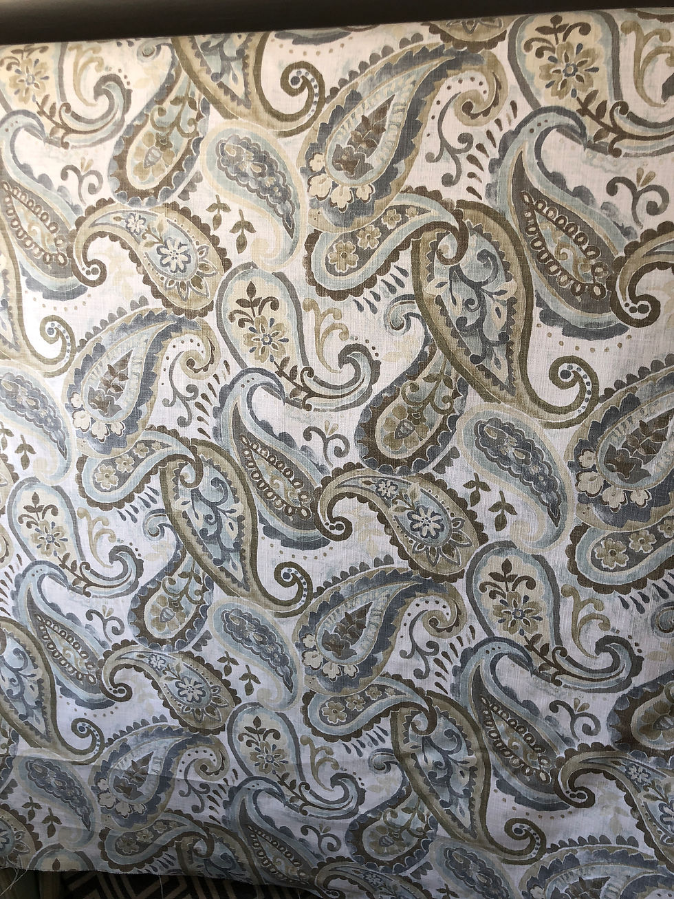 Thumbnail: Shades of GREY Tan and Blue PAISLEY LINEN Drapery, Upholstery Fabbric