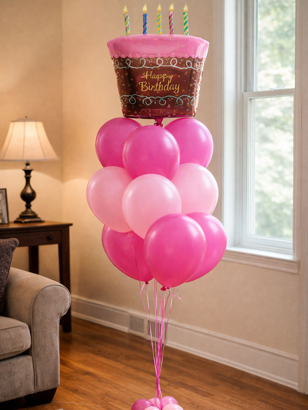 Birthday balloons pink with chocolate cake