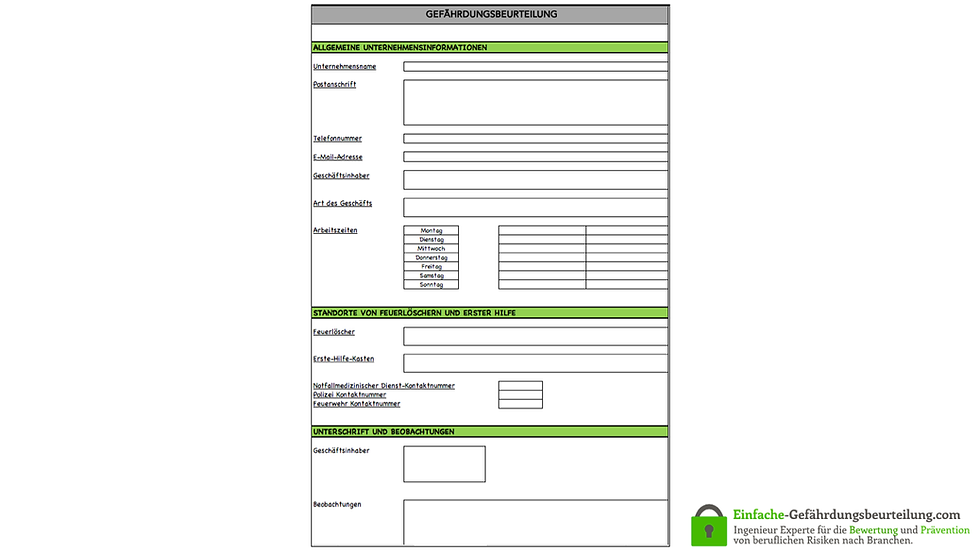 Leere Gefährdungsbeurteilung Excel-Vorlage Kostenlos – Unternehmensinformationen