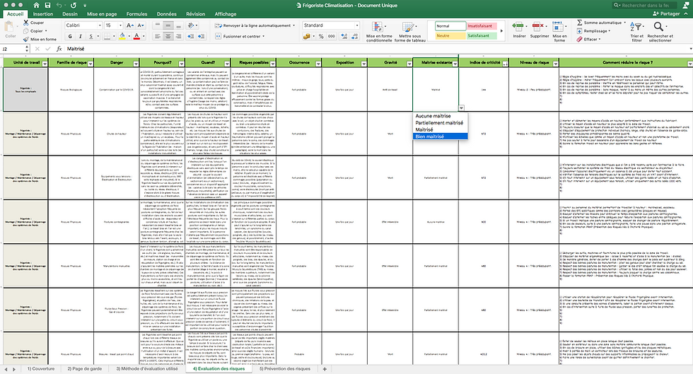 Tableau d’évaluation des risques Frigoriste