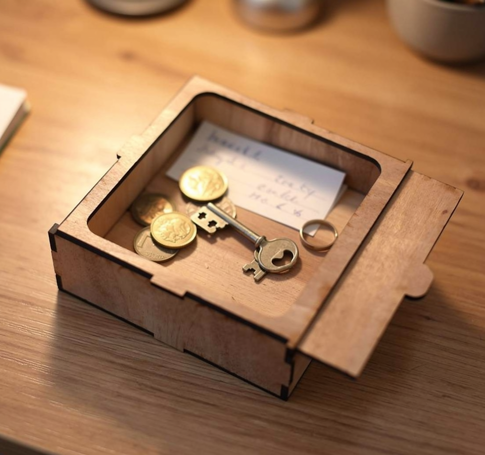 Thumbnail: Small open wooden box with coins, a key, and paper