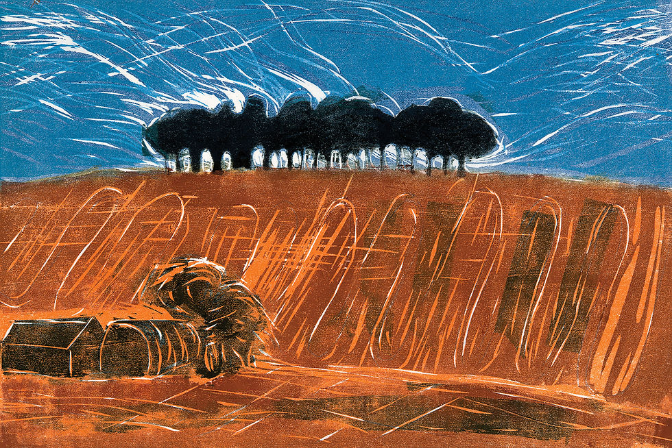 'Under the Hill II', woodcut & pochoir, 30 x 45 cms, £185.00 unframed.