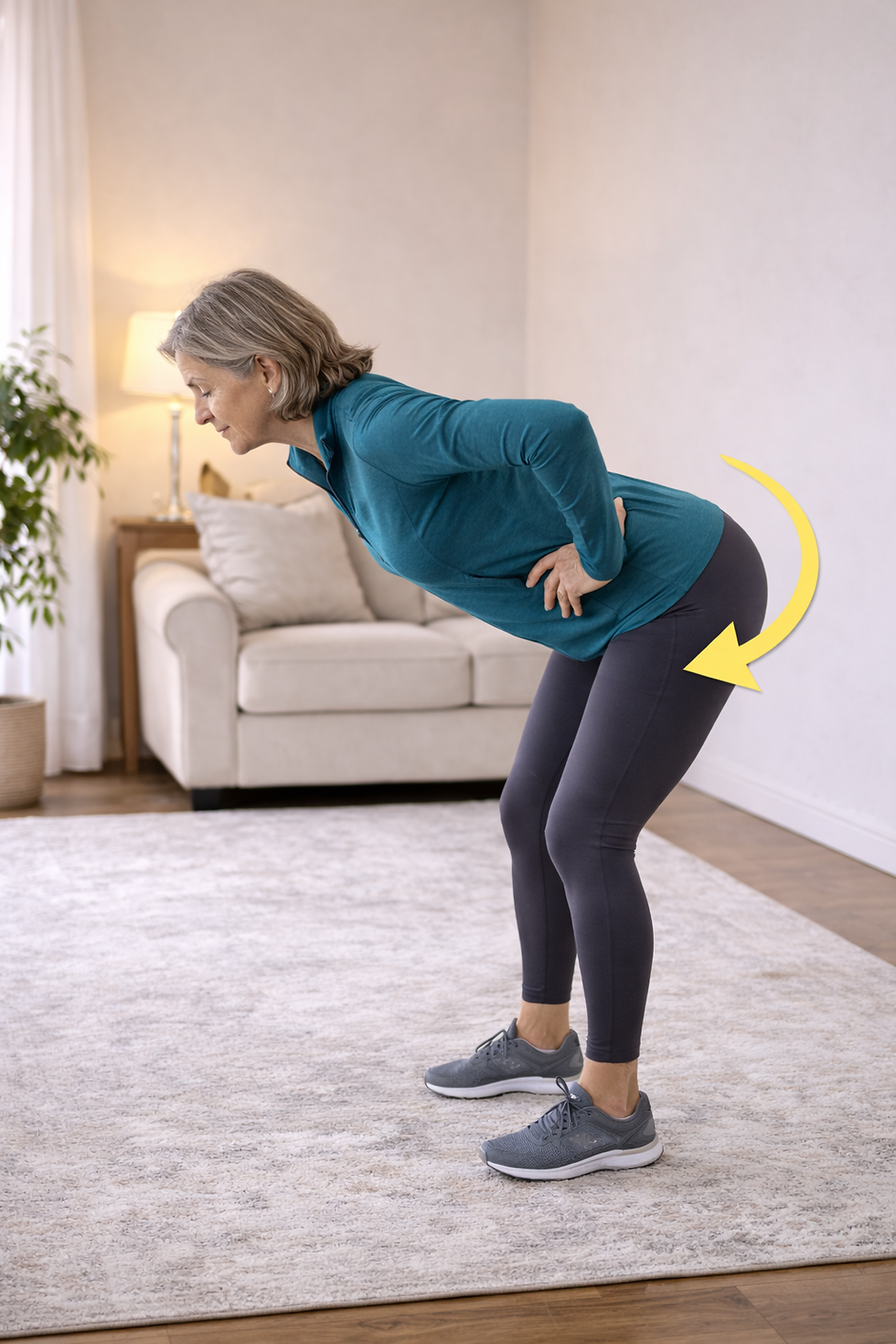 Demonstration of hip hinge exercise with neutral spine at home