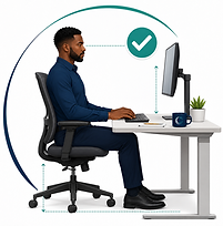 Worker sitting at a workstation with proper posture and set-up