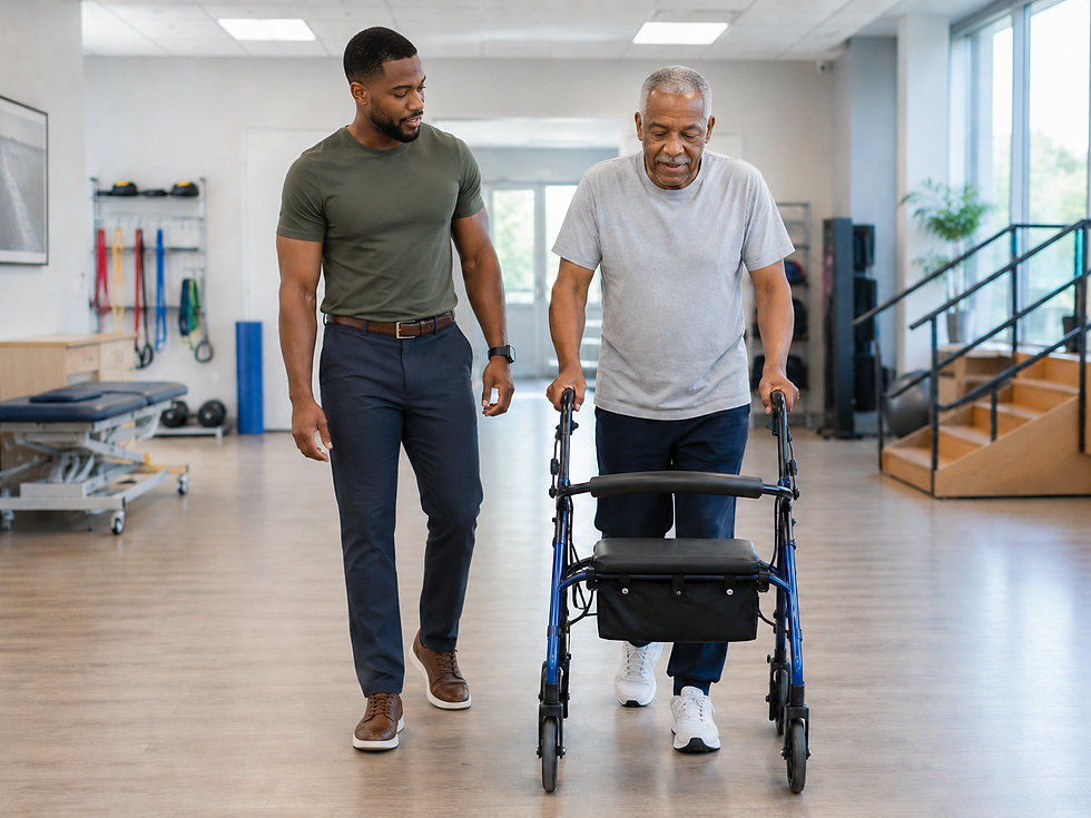 Physiotherapist assessing walking and gait in an older adult after a fall in Burlington