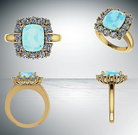 Custom gold ring design featuring a blue gemstone shown from multiple angles during the jewellery customization process