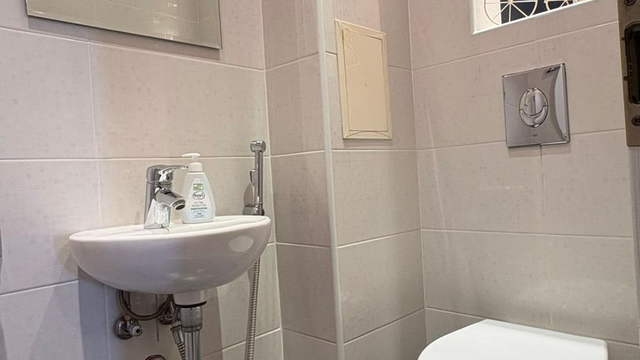 Самостоятелна тоалетна с мивка, огледало и светли плочки