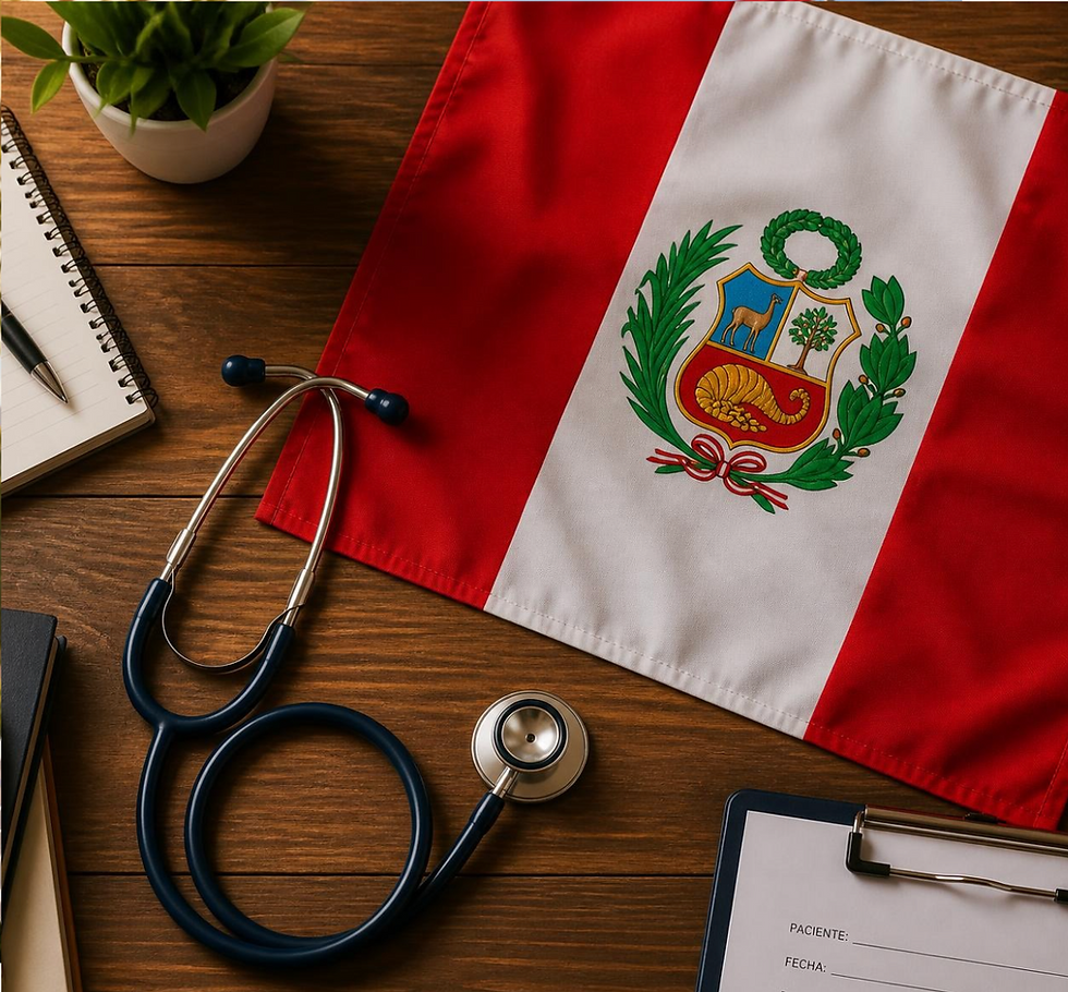 Un estetoscopio y una bandera peruana sobre un escritorio en un consultorio médico.
