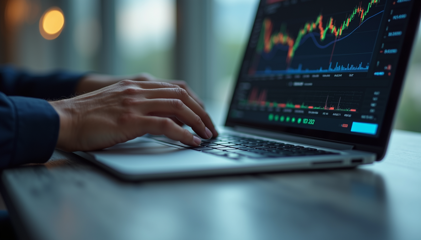 Close-up view of a person typing on a laptop keyboard with financial charts on the screen