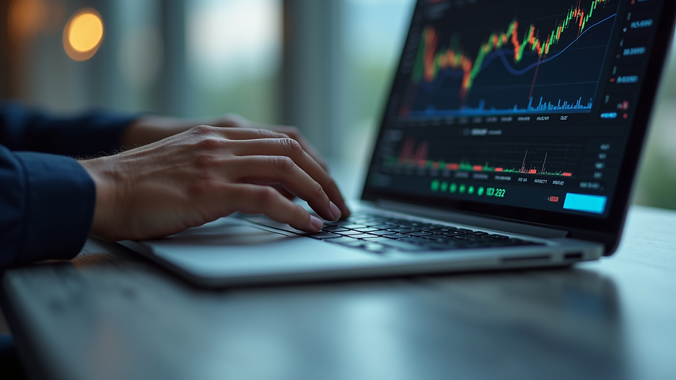 Close-up view of a person typing on a laptop keyboard with financial charts on the screen