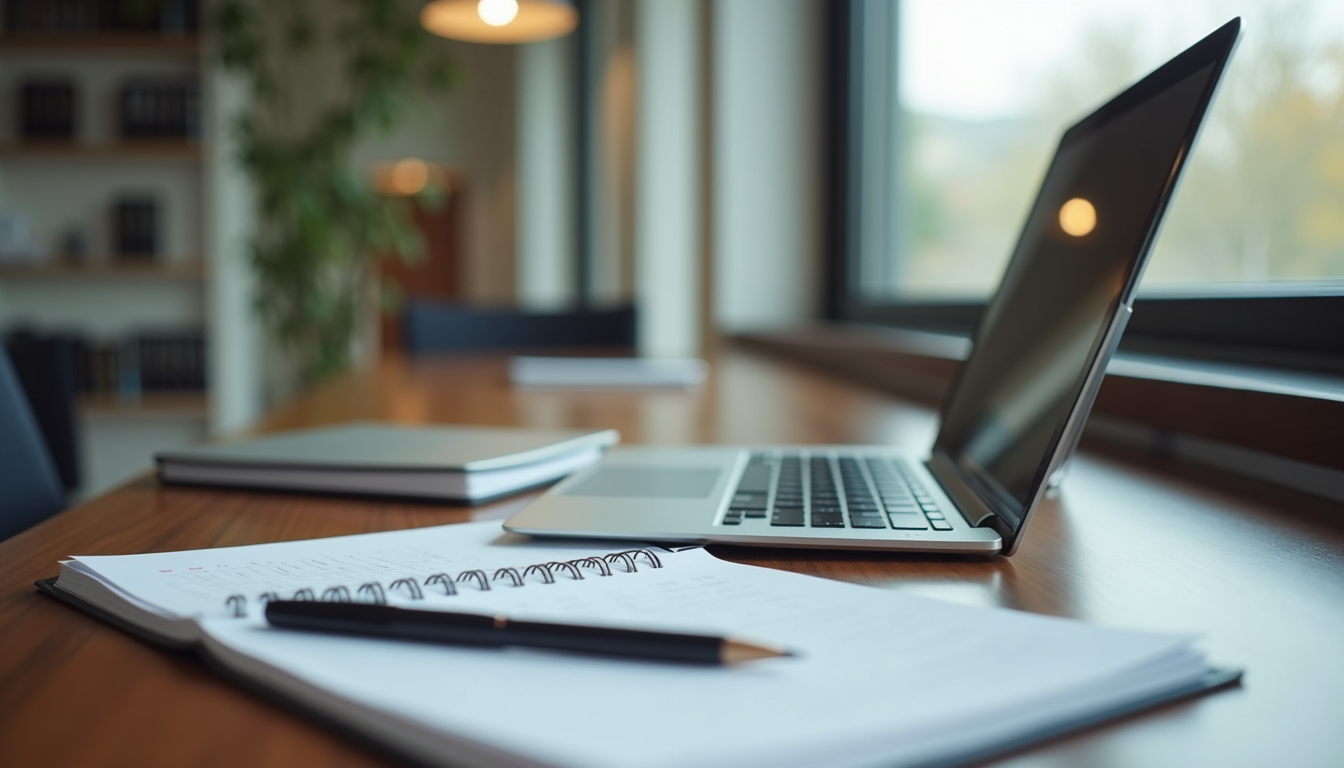 Eye-level view of a modern office desk with a laptop and planner