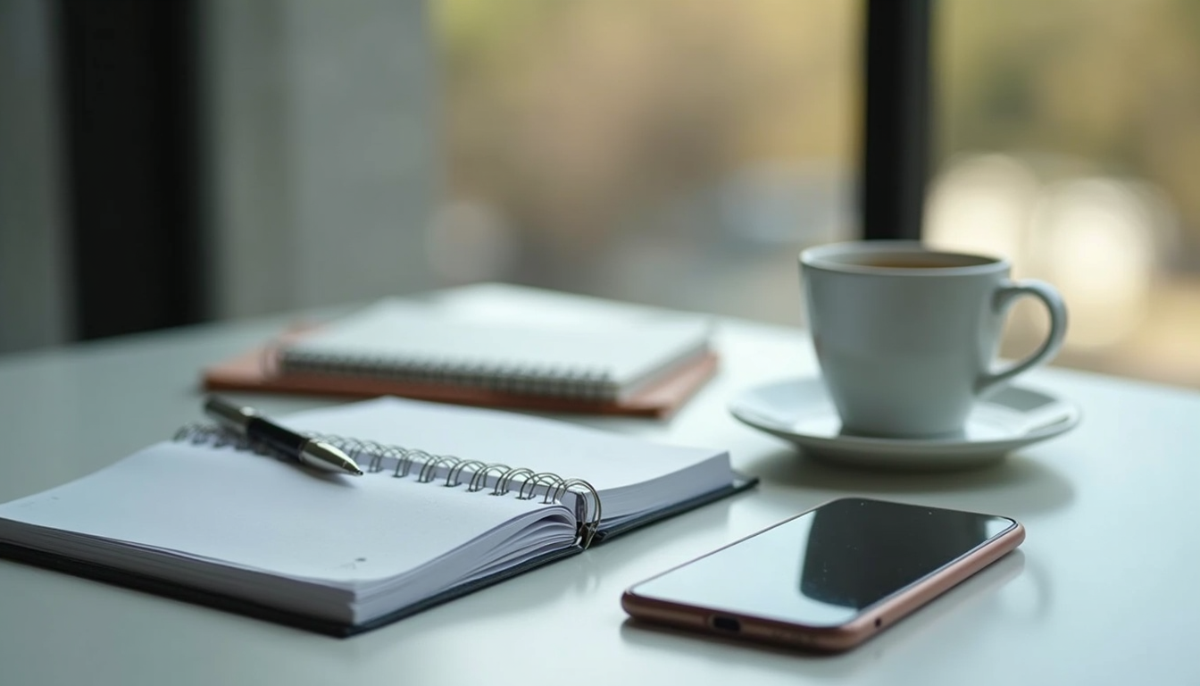 Close-up view of a desk with a planner, coffee cup, and a smartphone