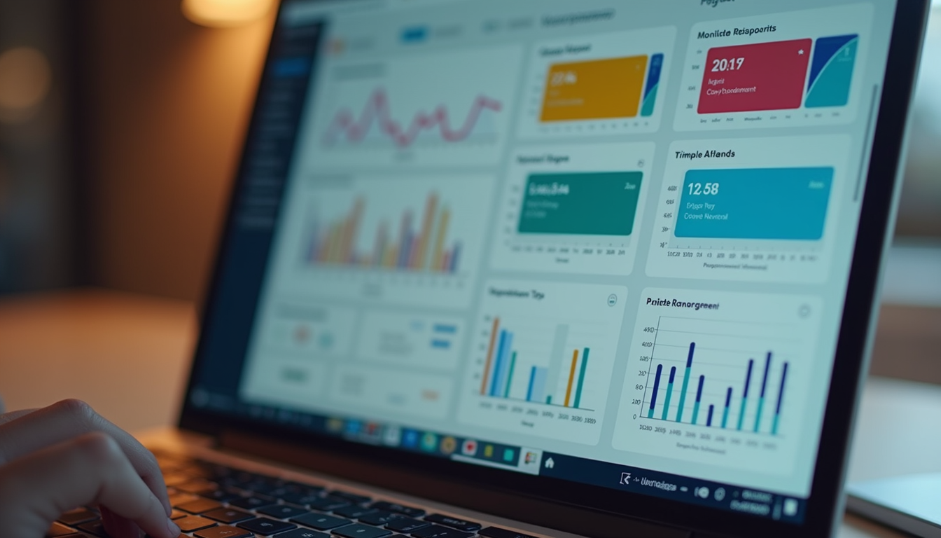 Close-up view of a laptop screen displaying a colorful project management dashboard