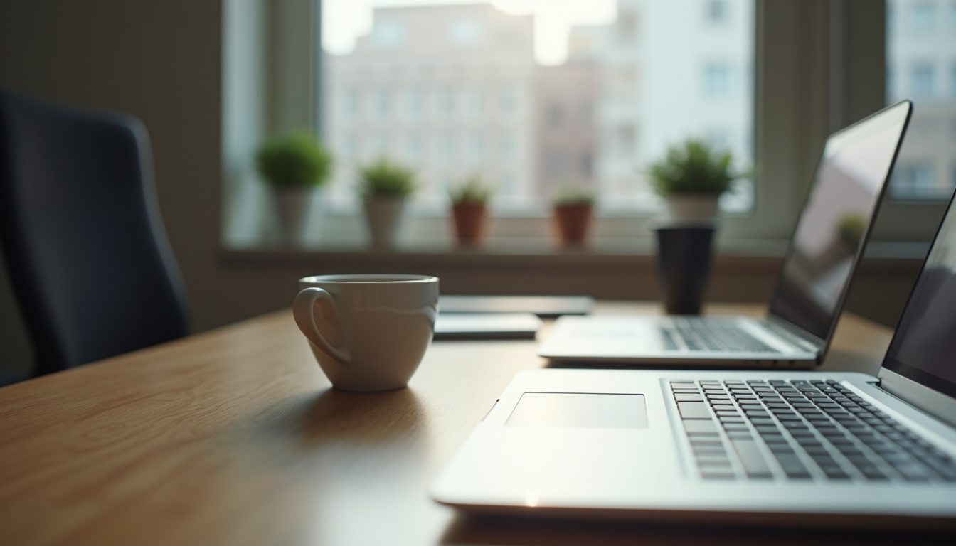 Eye-level view of a modern office desk with a laptop and a cup of coffee