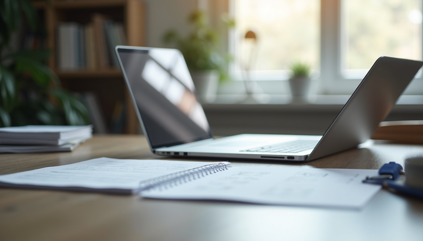 Eye-level view of a modern office workspace with a laptop and organized documents