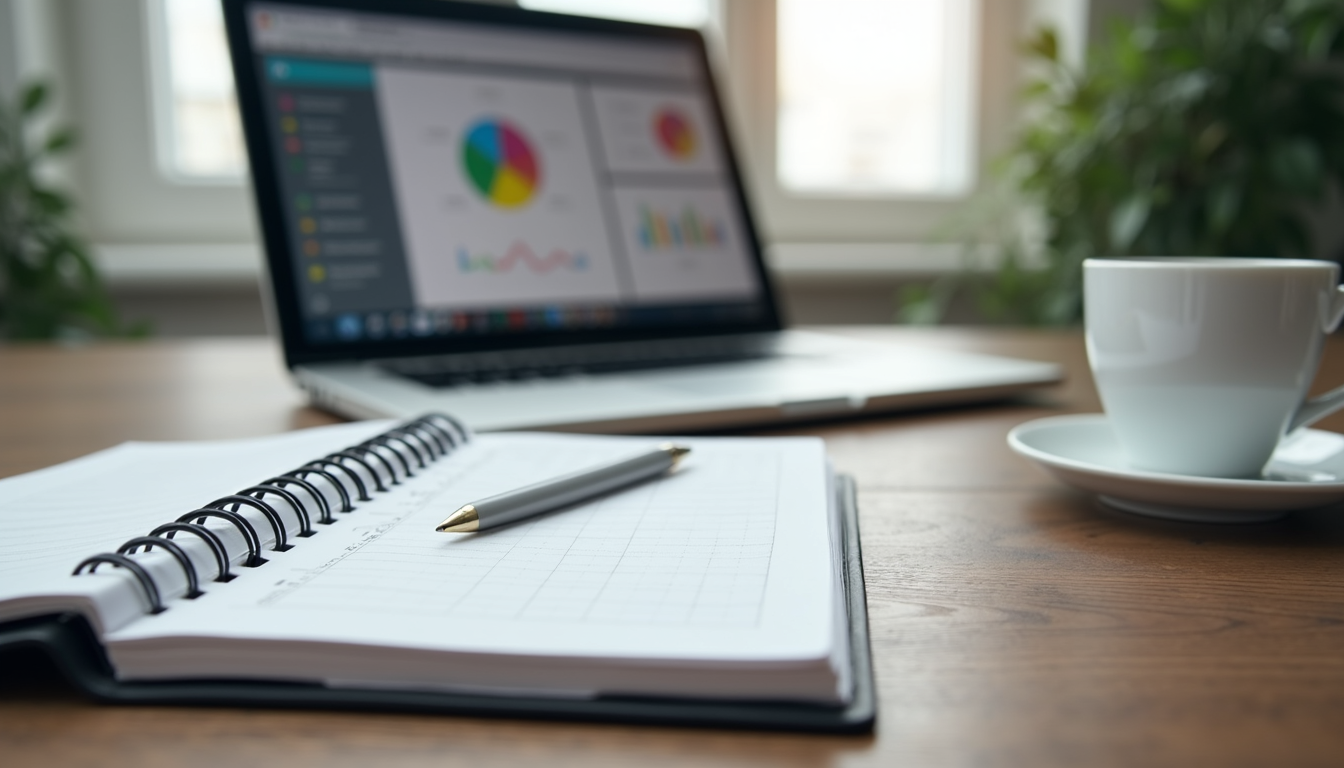 Close-up view of a desk with a planner, coffee cup, and a laptop showing workflow charts