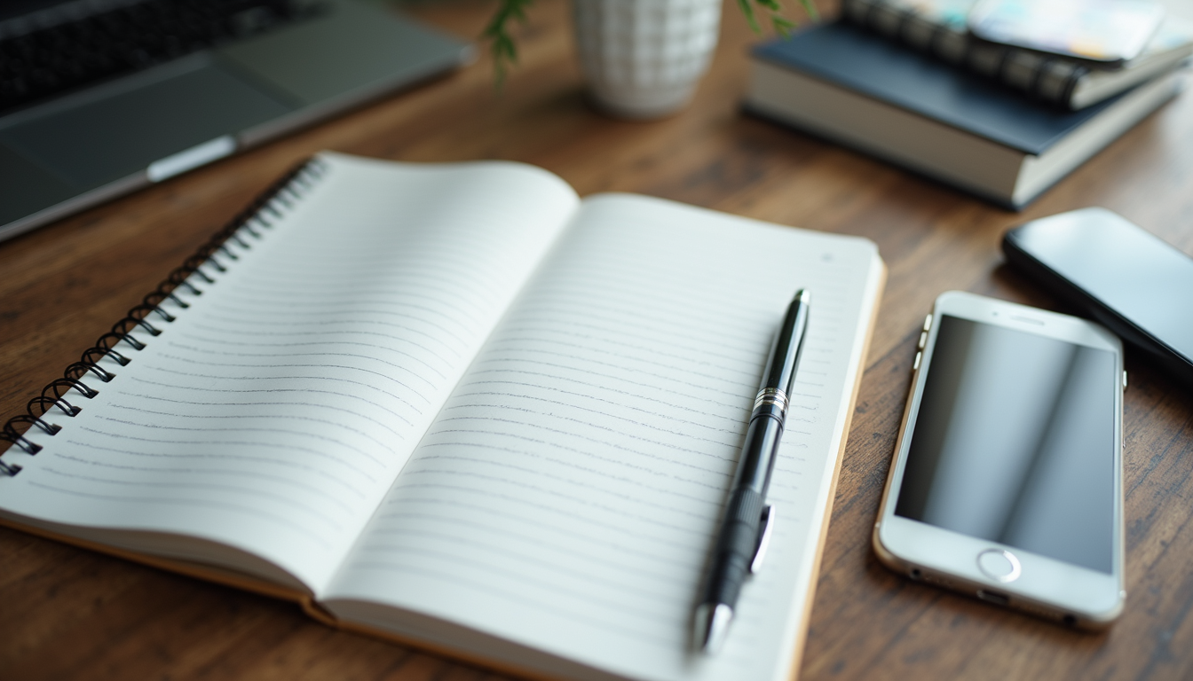 High angle view of a workspace with a notebook, pen, and smartphone