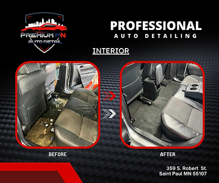 Before and after professional auto detailing at Premium MN Auto Detail St. Paul, showing car interior