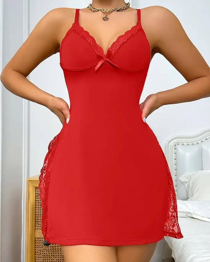 Miniatura: Women's Sleeveless Plaid Mini Nightdress with Lace and Crisscross Back