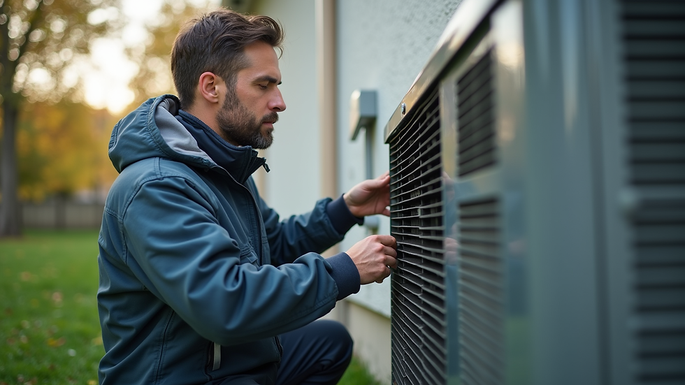 Eye-level view of HVAC technician inspecting outdoor unit
