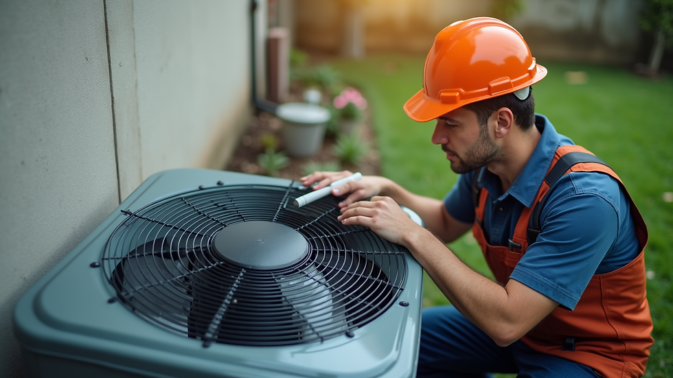 High angle view of HVAC technician inspecting outdoor unit
