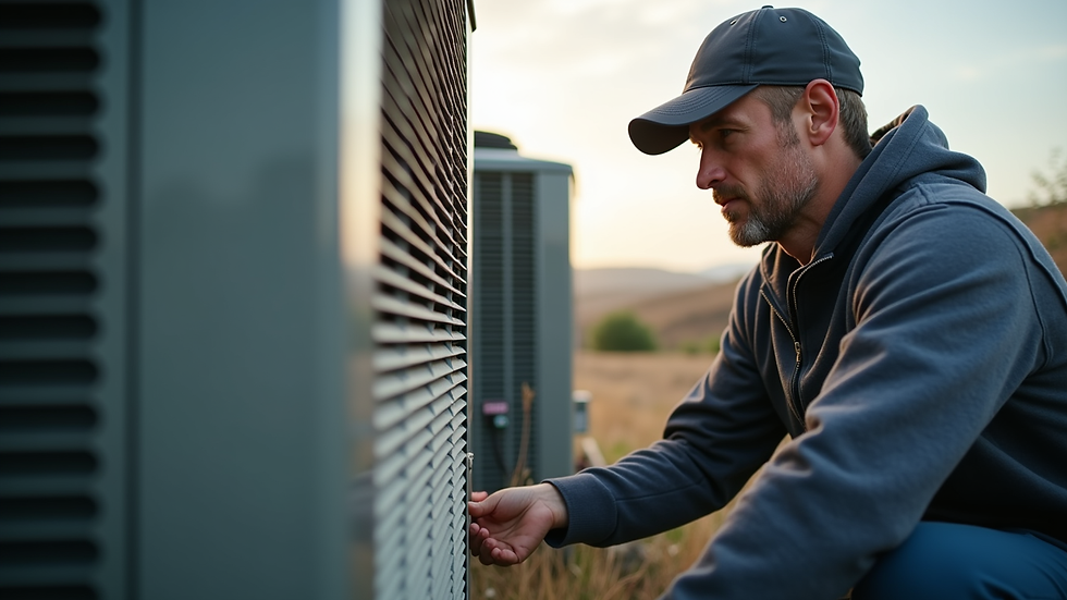 Eye-level view of an HVAC technician inspecting an outdoor condenser unit