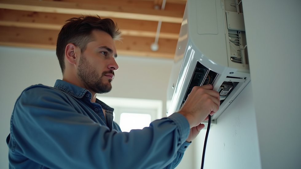 Close-up view of a technician installing a ductless mini-split HVAC system