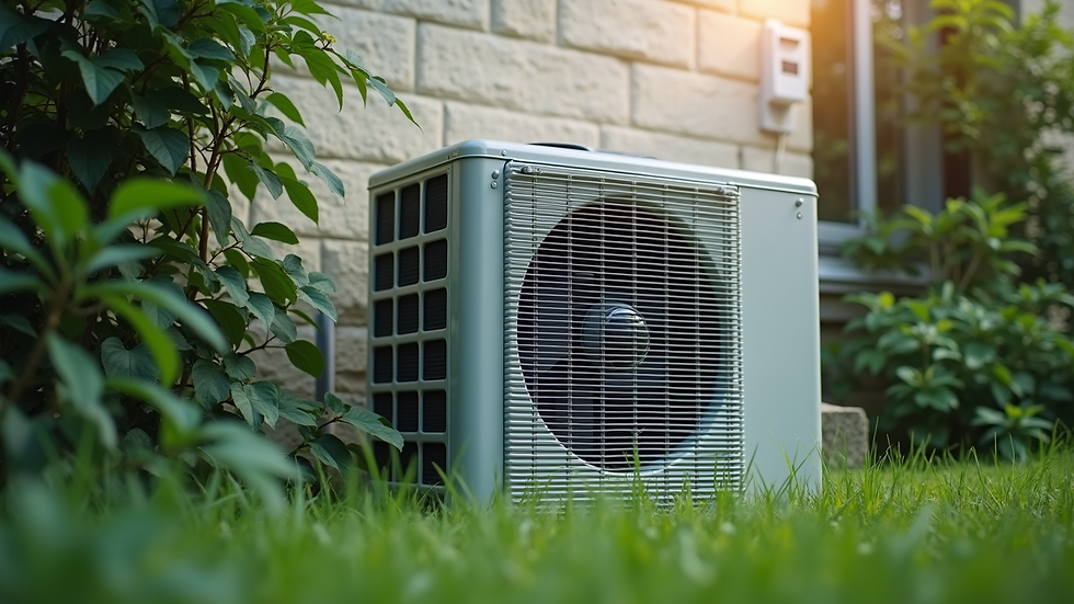 Eye-level view of an outdoor air conditioning condenser unit surrounded by greenery