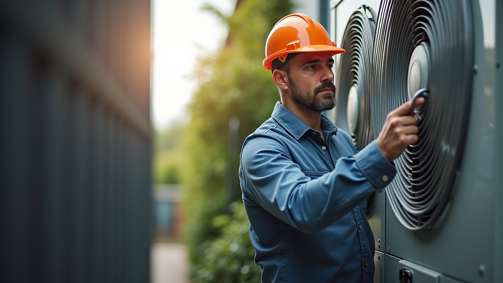 Eye-level view of a technician inspecting an outdoor air conditioning unit