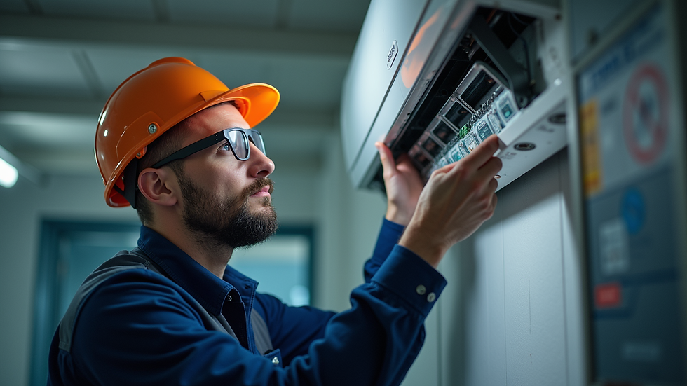 Close-up view of a technician inspecting an HVAC system indoors