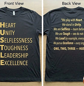Black youth football -shirt with gold HUSTLE acronym on the front and team creed printed on the back