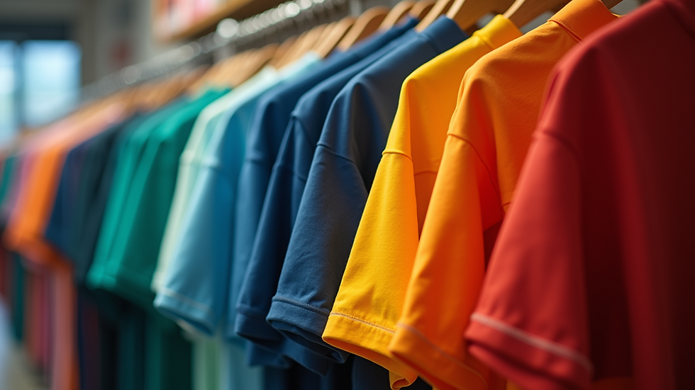 Eye-level view of a colorful club shirt hanging on a rack