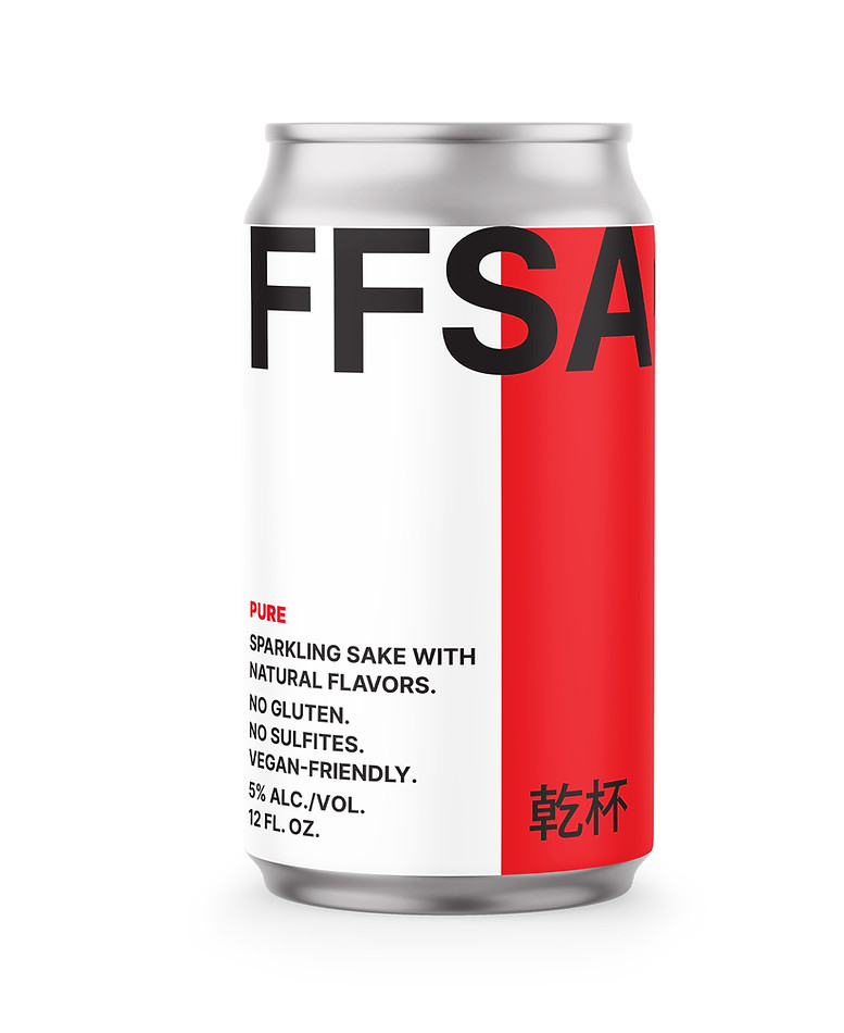 A can of Pure FFSAKE with text on the front that says Sparkling sake with natural flavours. No Gluten. No Sulphites. Vegan-Friendly. 5% Alcohol by volume and 12 fluid ounces.