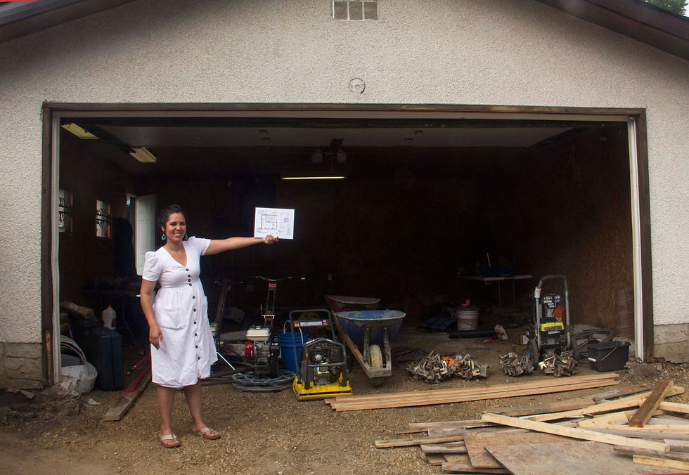 Bizcochos' Owner Vivianna Macias-Katzenstein with her approved floor plan for Bizcochos' commercial kitchen.