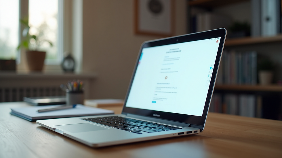Eye-level view of an office desk with a laptop open on an email marketing platform