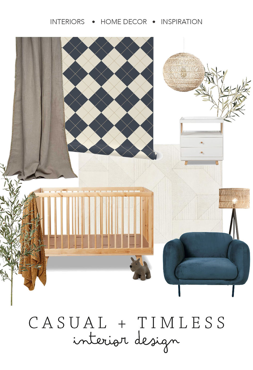 Casual nursery design featuring a wooden crib, blue chair, woven lamp, checkered wallpaper, and decor plants. Text: Casual + Timeless.