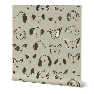 Sage green dog doodle wallpaper roll on a white background