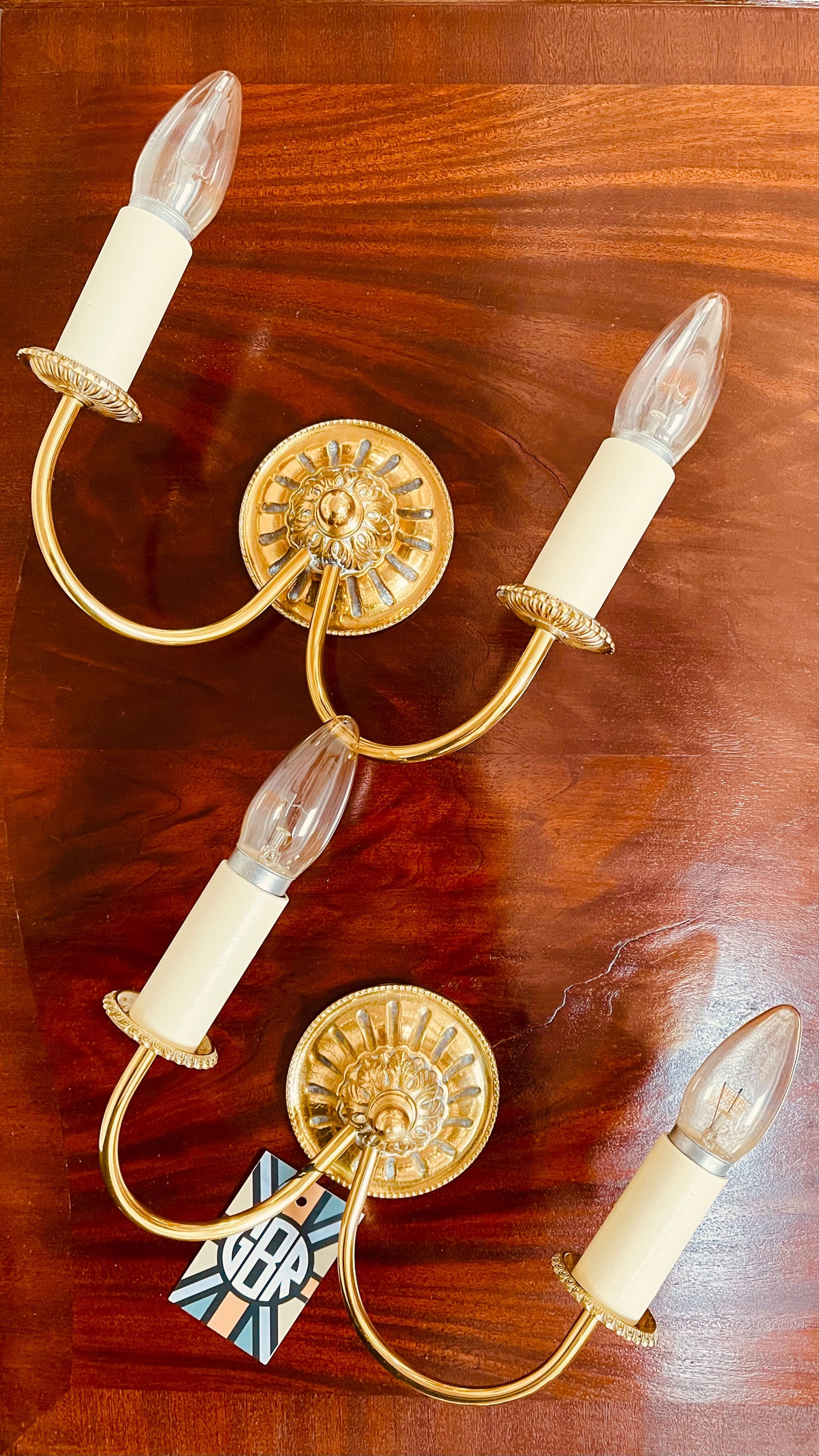 Pair of high quality vintage gilt brass 2 branch wall sconces - #