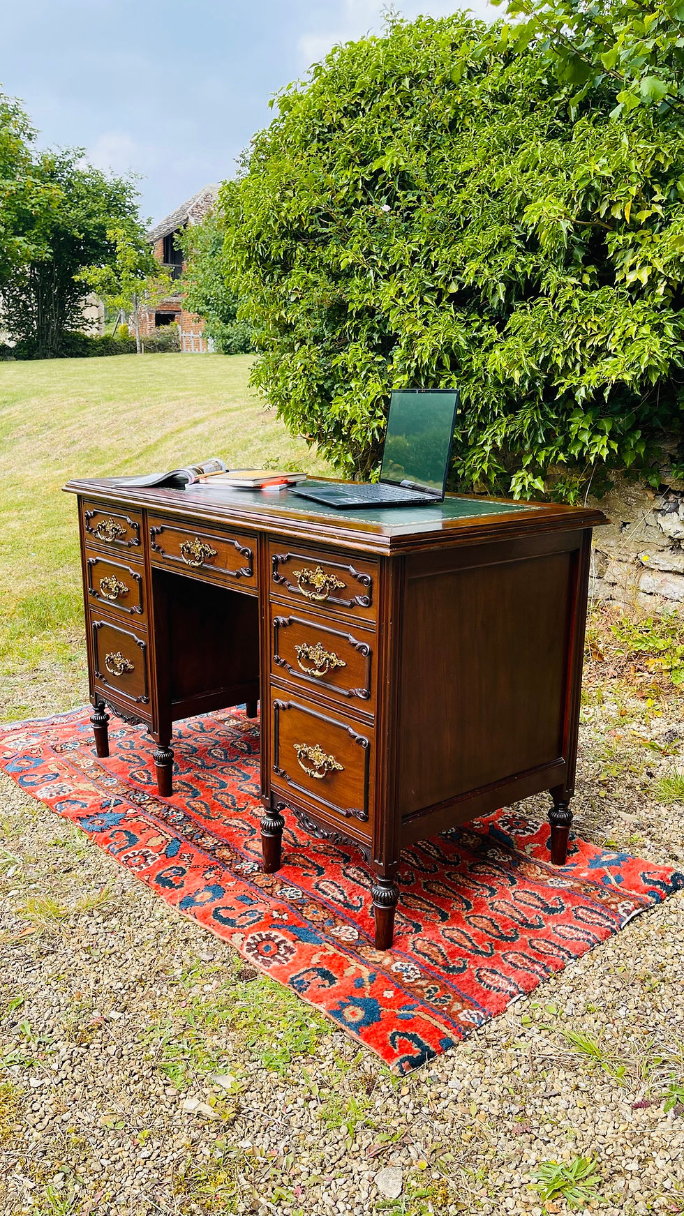 Thumbnail: Ornate antique Victorian 7 drawer one piece writing desk - #9140