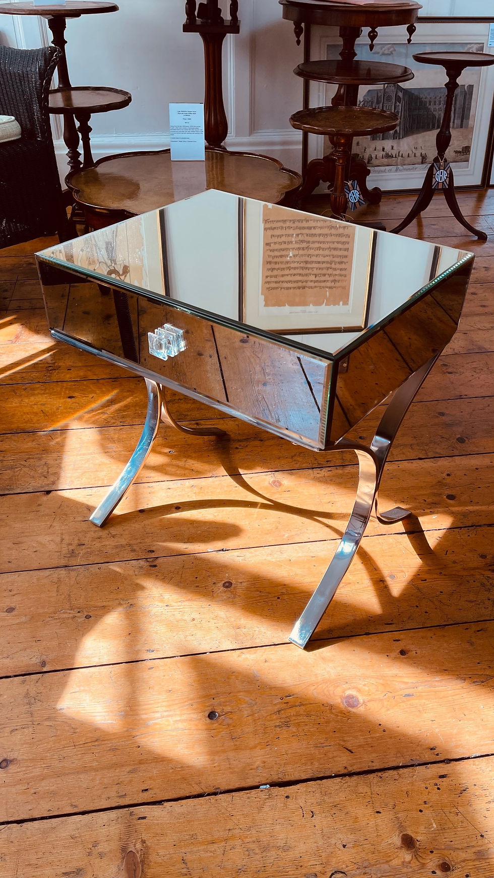 Thumbnail: Pair of Nickel plated ‘X’ frame mirror glass bedside tables - #8738