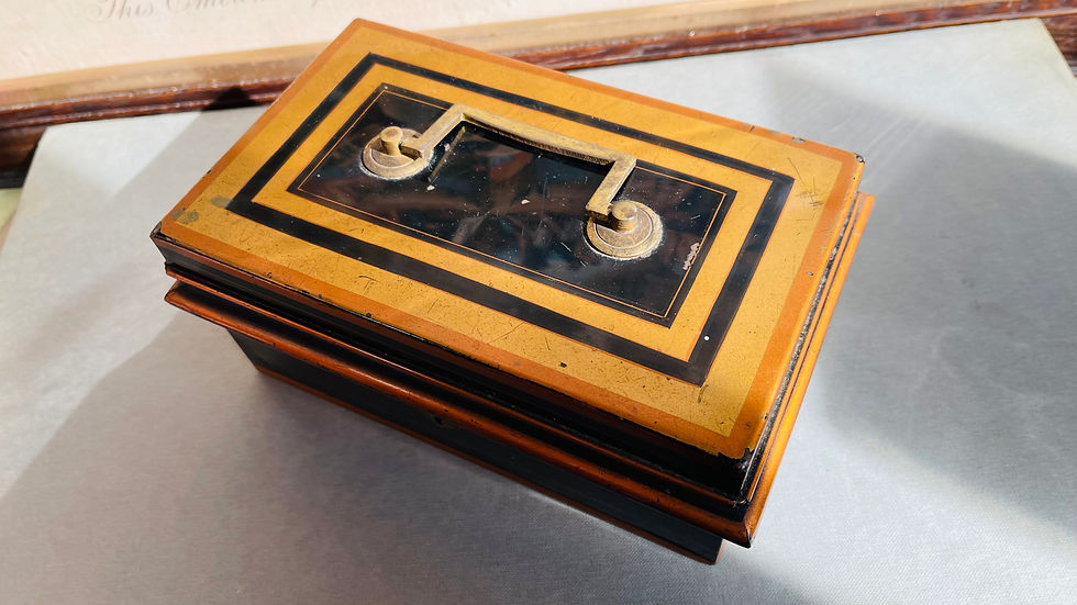 Thumbnail: Late 19thC Toleware Cash Box with original internals and key.