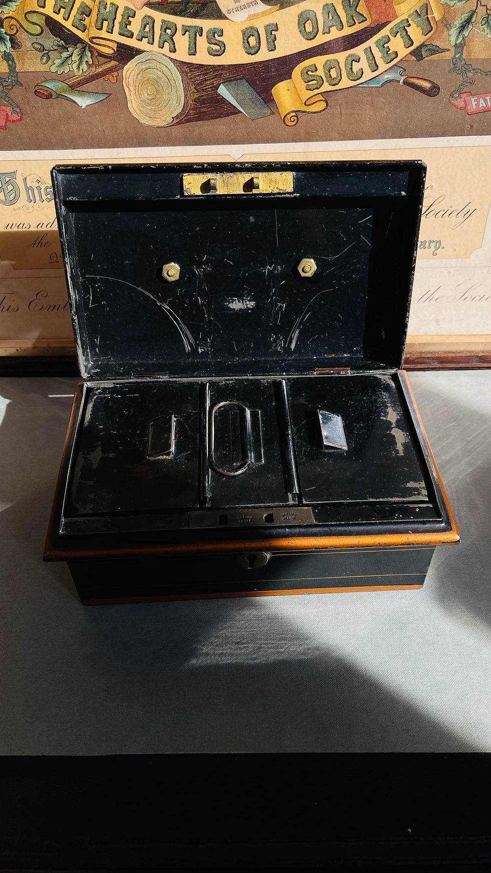 Thumbnail: Late 19thC Toleware Cash Box with original internals and key.