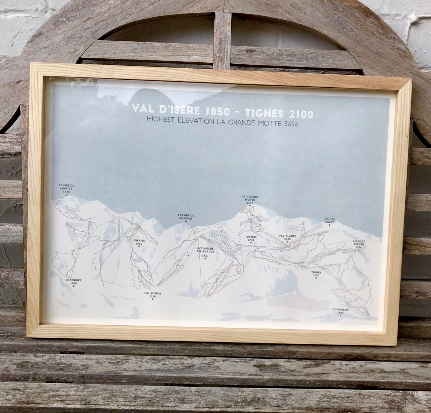 Framed mapping artwork print of Val D’Isere ski resorts and ski runs